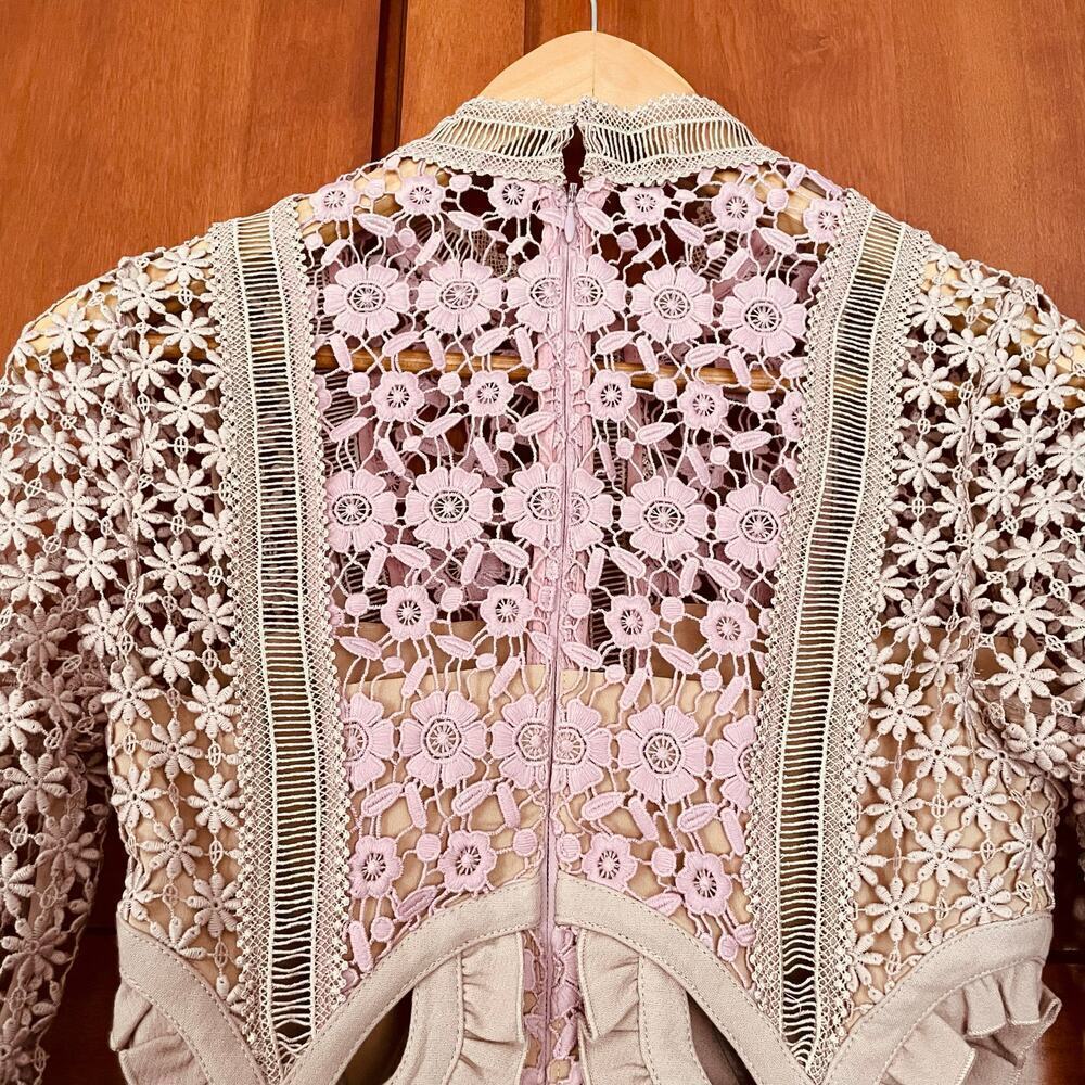 Self Portrait Payne Dress Maxi Floral Lace Cutout Long Sleeve Tan Pink Size 0 - Picture 10 of 13